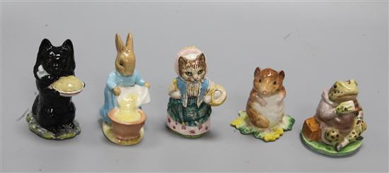 A Beswick Beatrix Potter figure, Duchess with Pie, BP-3b and four other figures with gold oval backstamps,